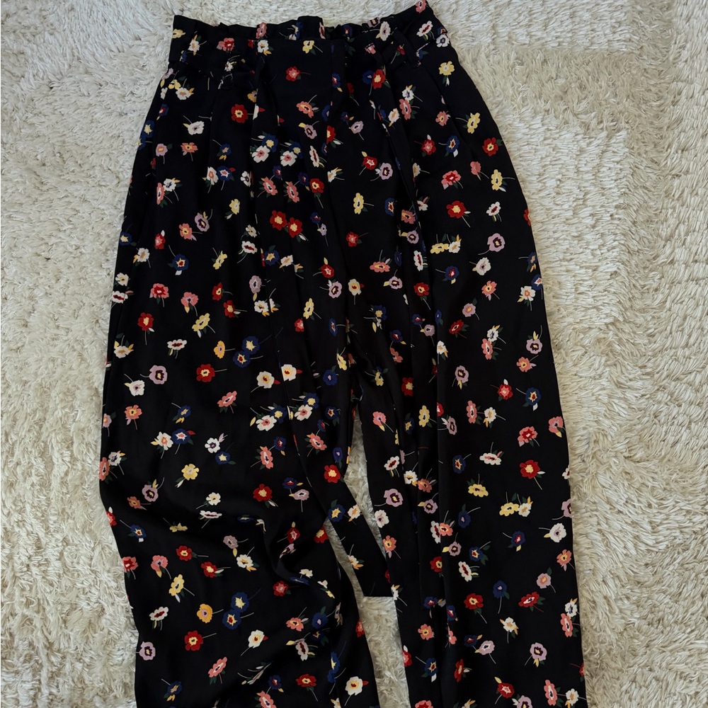 Zara Black Floral Straight Leg Pants